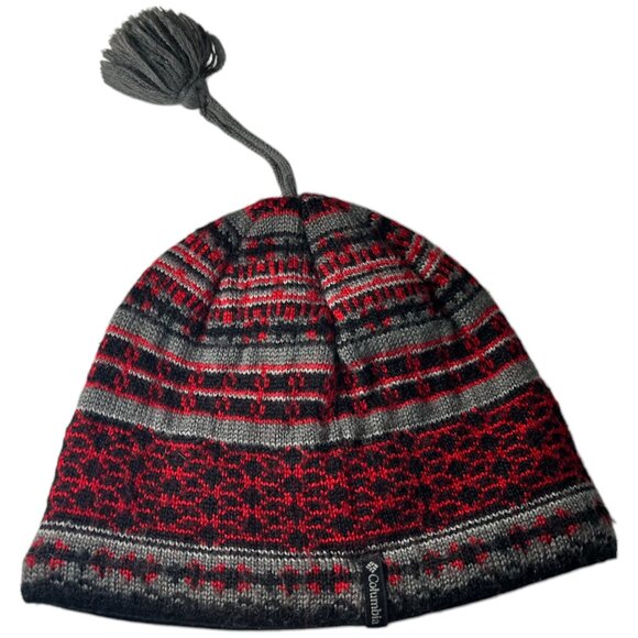 Columbia Youth Fleece Lined Wool Blend Tasseled Pom‎ Beanie Red/Black/Gray - Picture 1 of 8